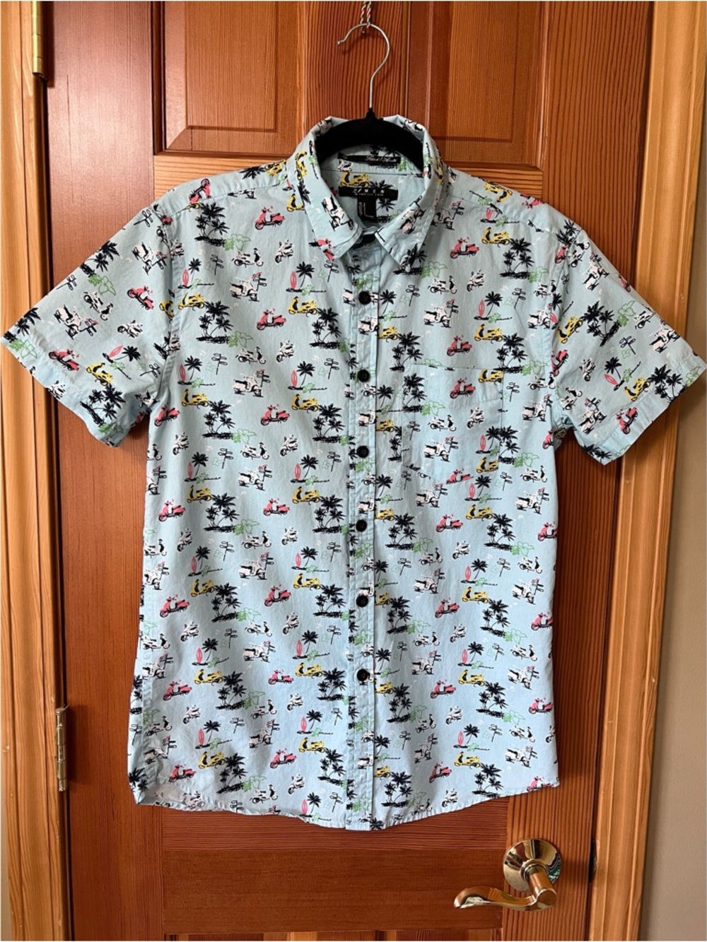 Casual Men's Light Blue Scooter & Palm Print Button-Down Shirt